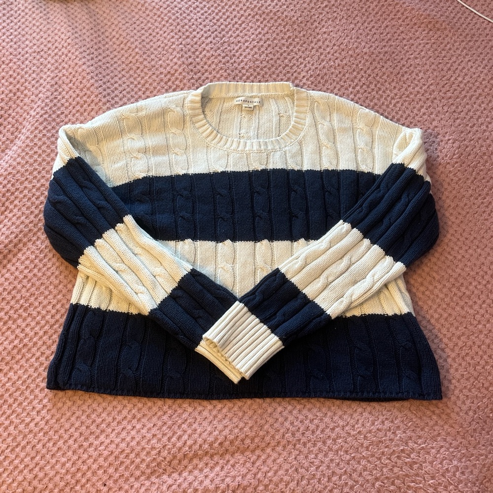 Aeropostale Navy and Cream Striped Cable-Knit Crewneck Sweater